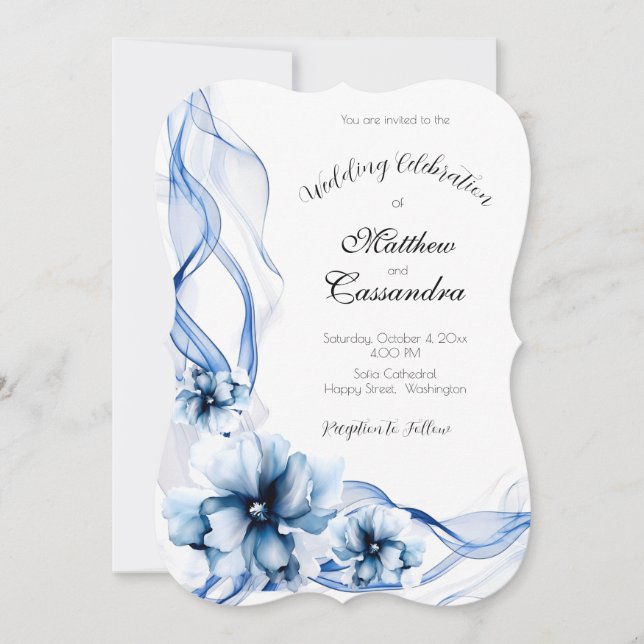 Elegant Dusty Blue Navy  Flowers Wedding  Invitation (Front)