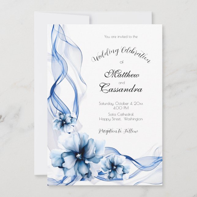 Elegant Dusty Blue Navy  Flowers Wedding  Invitation (Front)