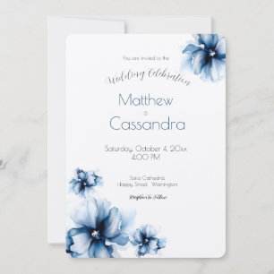 Elegant Dusty Blue Navy  Flowers Wedding  Invitation