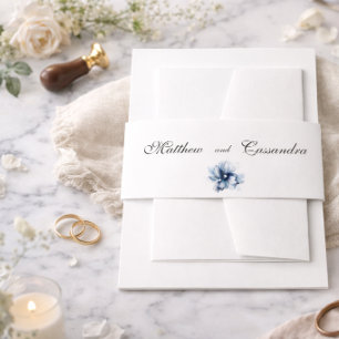 Elegant Dusty Blue Navy Flowers Wedding Invitation Belly Band