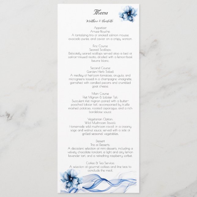 Elegant Dusty Blue Navy  Flowers Wedding  Menu (Front)