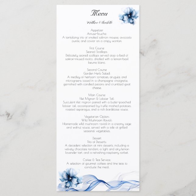Elegant Dusty Blue Navy  Flowers Wedding  Menu (Front)