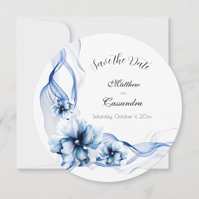 Elegant Dusty Blue Navy  Flowers Wedding  Save The Date (Front)