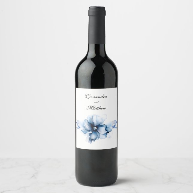 Elegant Dusty Blue Navy  Flowers Wedding  Wine Label (Front)