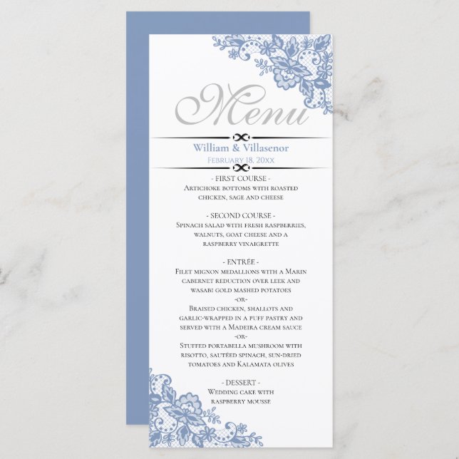 Elegant Dusty Blue on White Wedding Menu (Front/Back)