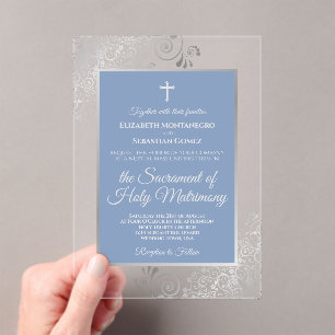 Elegant Dusty Blue Ornate Silver Catholic Wedding Acrylic Invitations