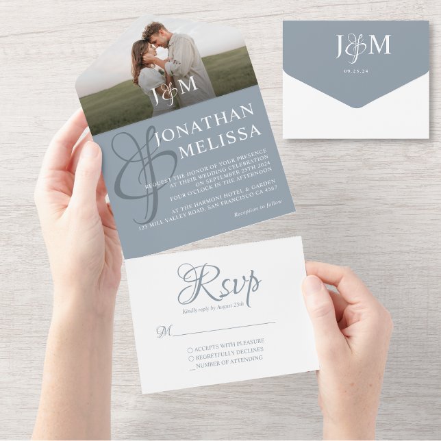 Elegant Dusty Blue Overlay Photo Monogram Wedding All In One Invitation (Creator Uploaded)