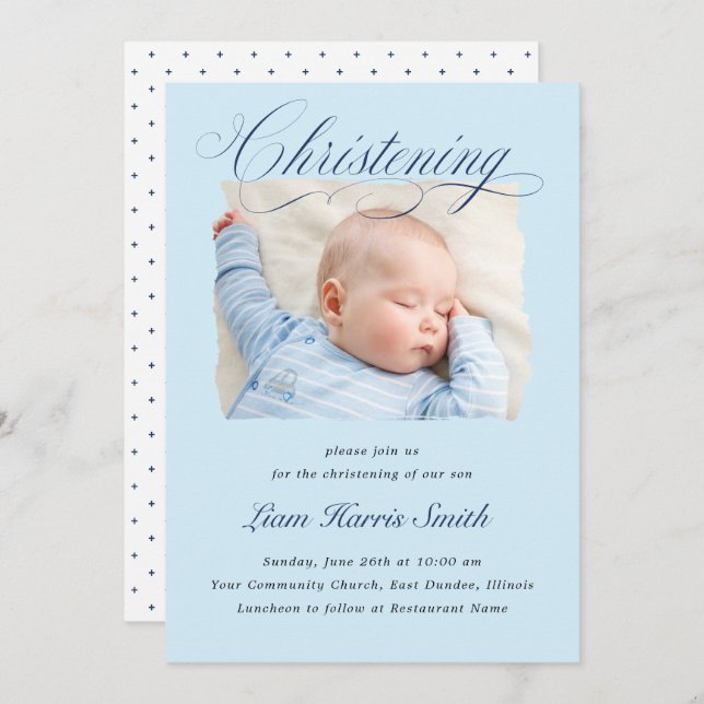 Elegant Dusty Blue Pastel Script Baptism Photo Boy Invitation (Front/Back)