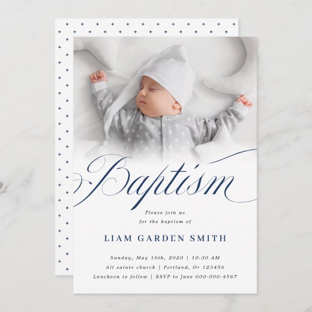 Elegant Dusty Blue Pastel Script Baptism Photo  In Invitation (Front/Back)