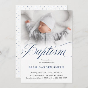 Elegant Dusty Blue Pastel Script Baptism Photo  In Invitation
