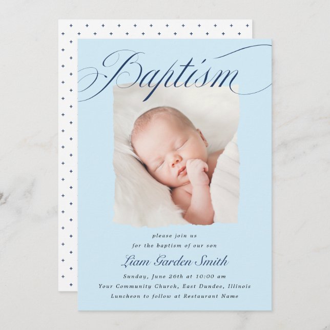 Elegant Dusty Blue Pastel Script Baptism Photo Inv Invitation (Front/Back)
