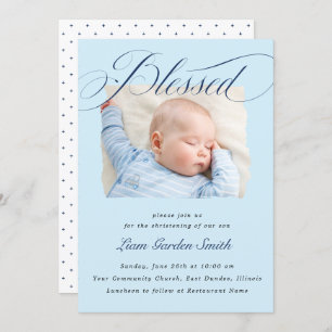 Elegant Dusty Blue Pastel Script Baptism Photo Invitation