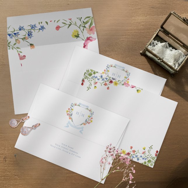 Elegant Dusty Blue Pastel Wildflower Crest Wedding Envelope (Creator Uploaded)
