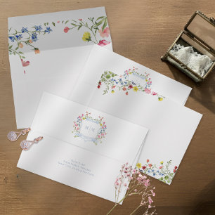 Elegant Dusty Blue Pastel Wildflower Crest Wedding Envelope