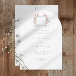 Elegant Dusty Blue Pastel Wildflower Crest Wedding Invitation