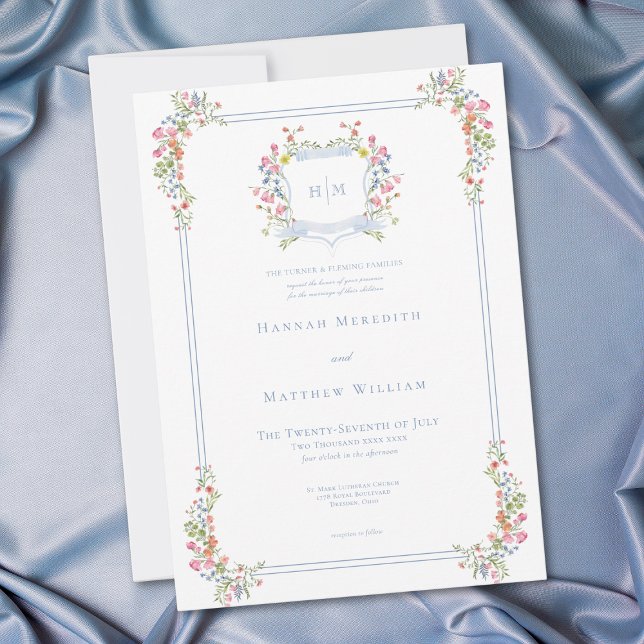Elegant Dusty Blue Pastel Wildflower Crest Wedding Invitation (Elegant Dusty Blue Pastel Wildflower Crest Wedding Invitation)