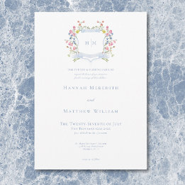 Elegant Dusty Blue Pastel Wildflower Crest Wedding Invitation