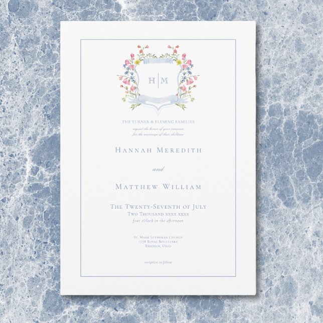 Elegant Dusty Blue Pastel Wildflower Crest Wedding Invitation (Elegant Dusty Blue Pastel Wildflower Crest Wedding Invitation)