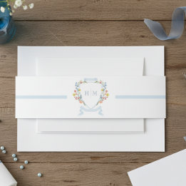 Elegant Dusty Blue Pastel Wildflower Crest Wedding Invitation Belly Band