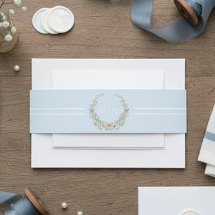 Elegant Dusty Blue Pastel Wildflower Crest Wedding Invitation Belly Band
