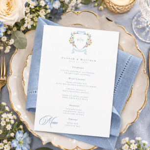 Elegant Dusty Blue Pastel Wildflower Crest Wedding Menu