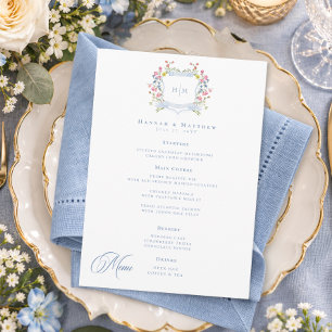 Elegant Dusty Blue Pastel Wildflower Crest Wedding Menu