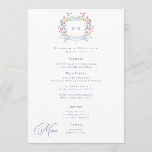 Elegant Dusty Blue Pastel Wildflower Crest Wedding Menu
