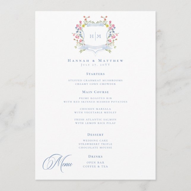 Elegant Dusty Blue Pastel Wildflower Crest Wedding Menu (Front)