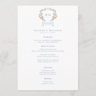 Elegant Dusty Blue Pastel Wildflower Crest Wedding Menu