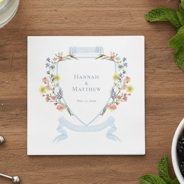 Elegant Dusty Blue Pastel Wildflower Crest Wedding Napkin (Creator Uploaded)