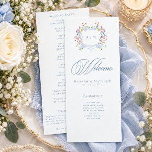 Elegant Dusty Blue Pastel Wildflower Crest Wedding Program