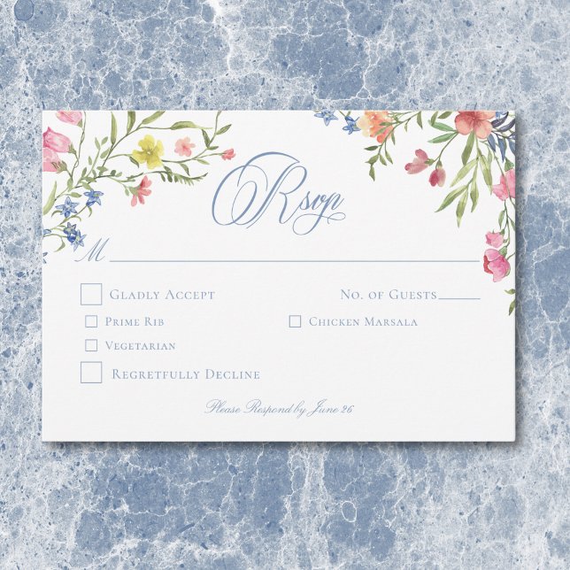 Elegant Dusty Blue Pastel Wildflower Crest Wedding RSVP Card (Elegant Dusty Blue Pastel Wildflower Crest Wedding RSVP Card)