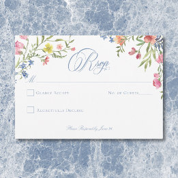 Elegant Dusty Blue Pastel Wildflower Crest Wedding RSVP Card