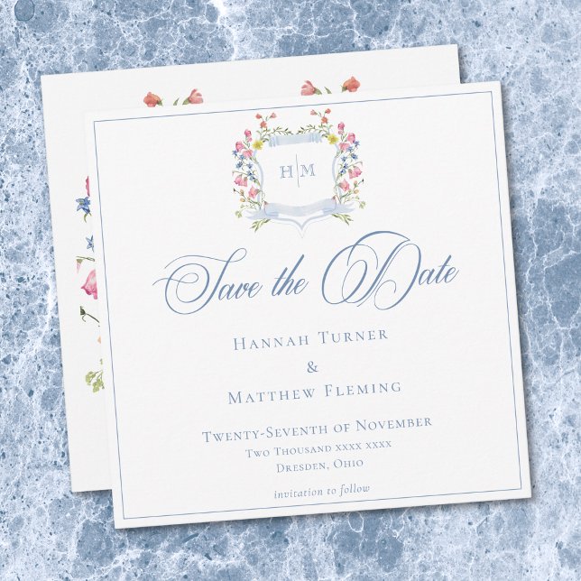 Elegant Dusty Blue Pastel Wildflower Crest Wedding Save The Date (Elegant Blue Pastel Wildflower Crest Wedding Save The Date)