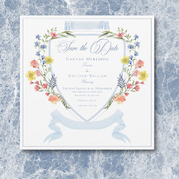 Elegant Dusty Blue Pastel Wildflower Crest Wedding Save The Date