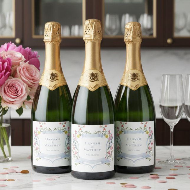 Elegant Dusty Blue Pastel Wildflower Crest Wedding Sparkling Wine Label (Creator Uploaded)