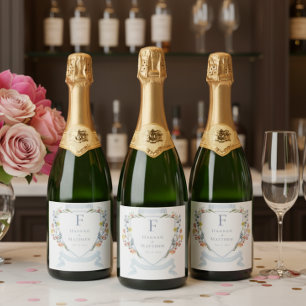 Elegant Dusty Blue Pastel Wildflower Crest Wedding Sparkling Wine Label