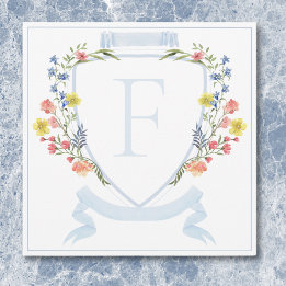 Elegant Dusty Blue Pastel Wildflower Crest Wedding Thank You Card