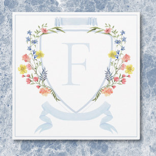 Elegant Dusty Blue Pastel Wildflower Crest Wedding Thank You Card