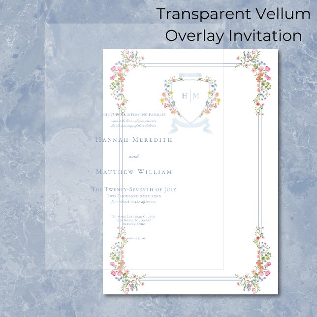 Elegant Dusty Blue Pastel Wildflower Crest Wedding Vellum Invitations (Creator Uploaded)