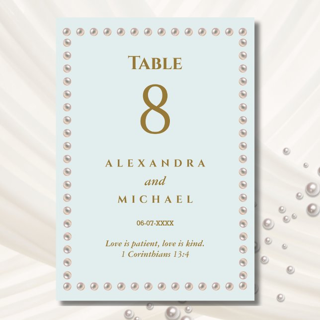 Elegant Dusty Blue Pearl Wedding  Table Number (Creator Uploaded)