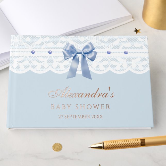 Elegant Dusty Blue Pearls Bow Lace Baby Shower Guest Book (Creator Uploaded)