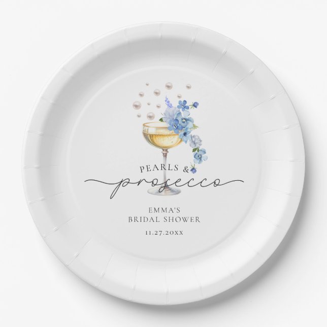 Elegant Dusty Blue Pearls & Prosecco Bridal Shower Paper Plate (Front)