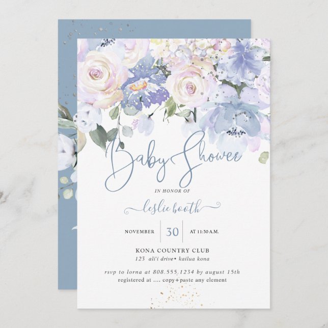 Elegant Dusty Blue Peonies Cream Roses Baby Shower Invitation (Front/Back)