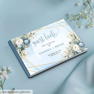 Elegant Dusty Blue Peonies Gold Wedding Guest Book