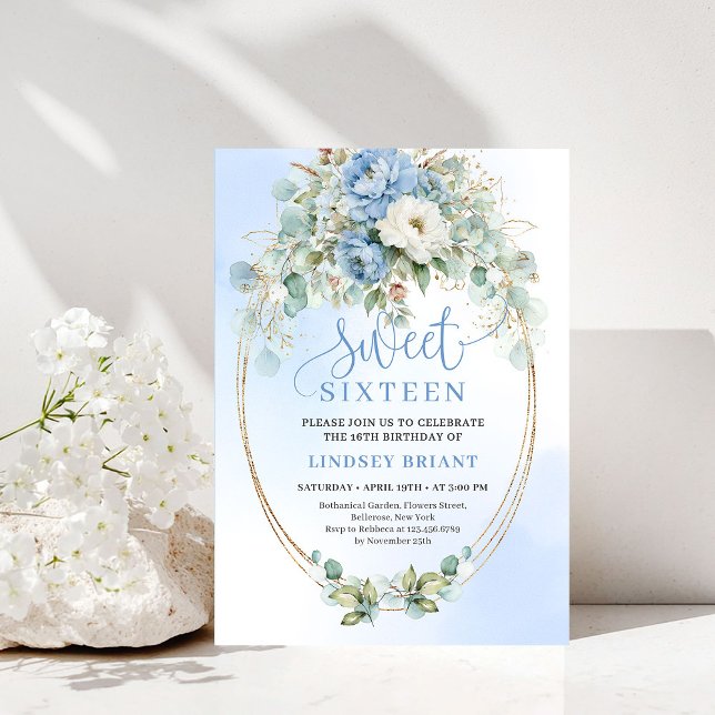 Elegant Dusty Blue Peonies Sweet Sixteen Celebrati Invitation (Elegant Dusty Blue Peonies Sweet Sixteen Celebration)