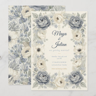 Elegant Dusty Blue Peony French Floral Wedding Invitation