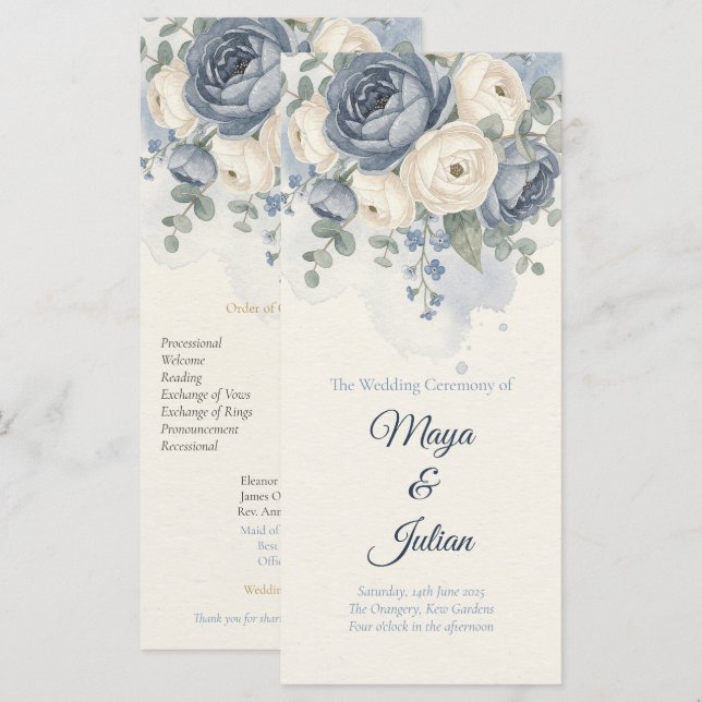 Elegant Dusty Blue Peony French Floral Wedding Program (Front/Back)