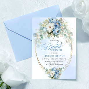 Elegant Dusty Blue Peony Gold Bridal Shower Invite