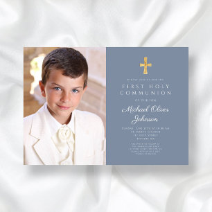 Elegant Dusty Blue Photo Boy First Communion Invitation